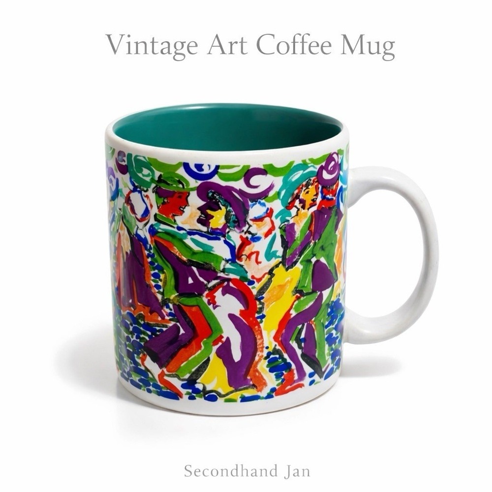 Vintage Century Stoneware Mug Thailand Colorful Abstract Art‎ Boho Coffee Cup